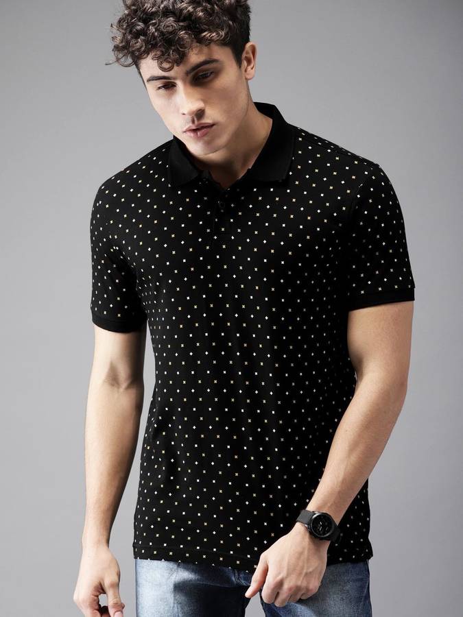 Polka Print Men Polo Neck Black T-Shirt