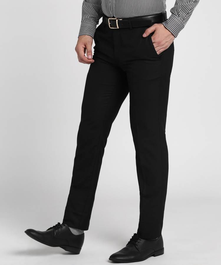 Slim Fit Men Black Raw Silk Trousers