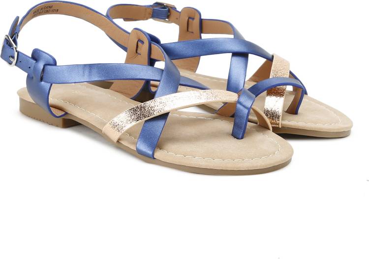 Women Blue, Gold Flats Sandal Price in India
