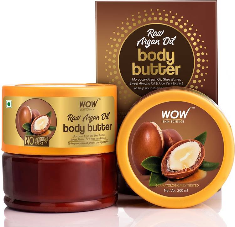 WOW Skin Science Raw Argan Oil Body Butter Enriched With Moroccan Argan Oil, Shea Butter, Sweet Almond oil & Aloe Vera Extract - No Parabens, Silicones, Mineral Oil & Color - 200mL