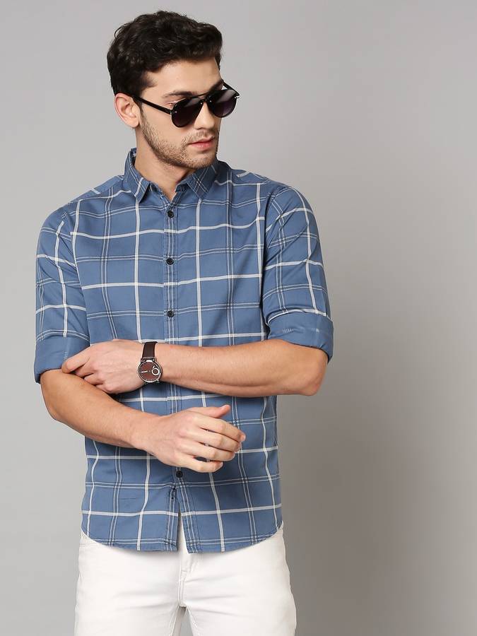 Men Slim Fit Checkered Slim Collar Casual Shirt