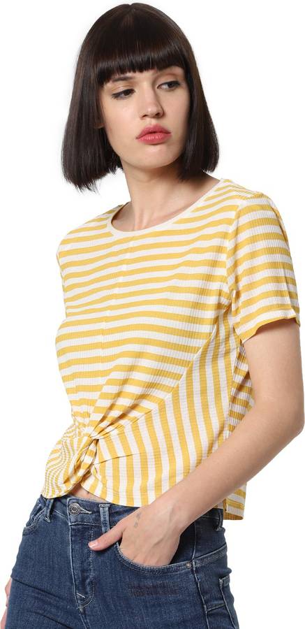 Striped Women Scoop Neck Yellow T-Shirt