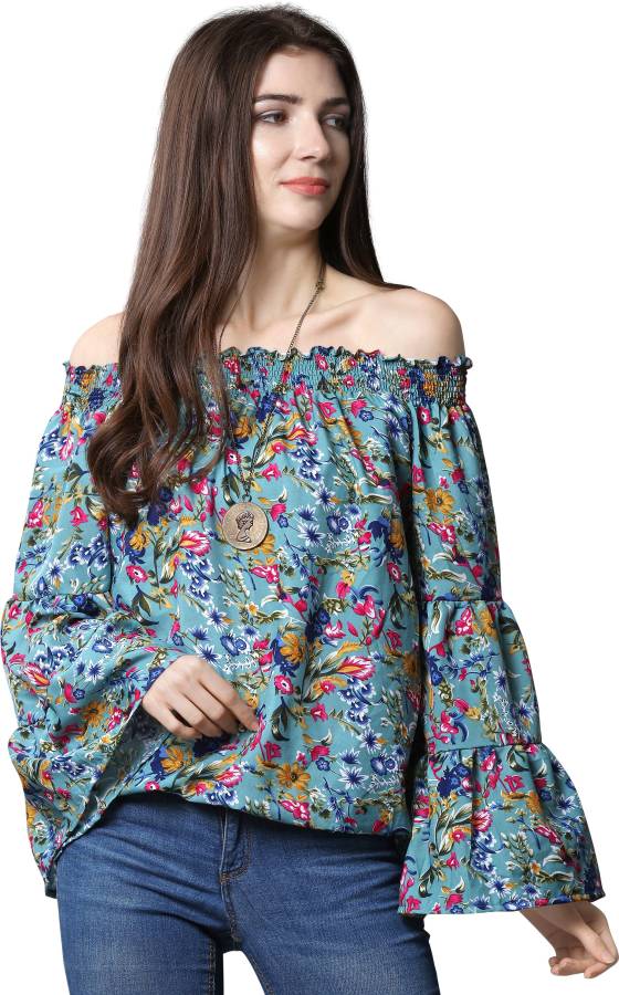 Casual Bell Sleeves Printed Women Blue Top Price in India