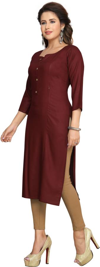 Women Solid Cotton Rayon Blend Straight Kurta Price in India