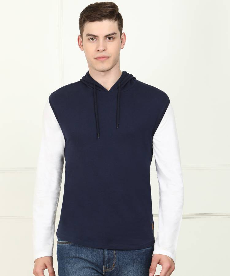 Solid Men Hooded Neck Dark Blue T-Shirt Price in India
