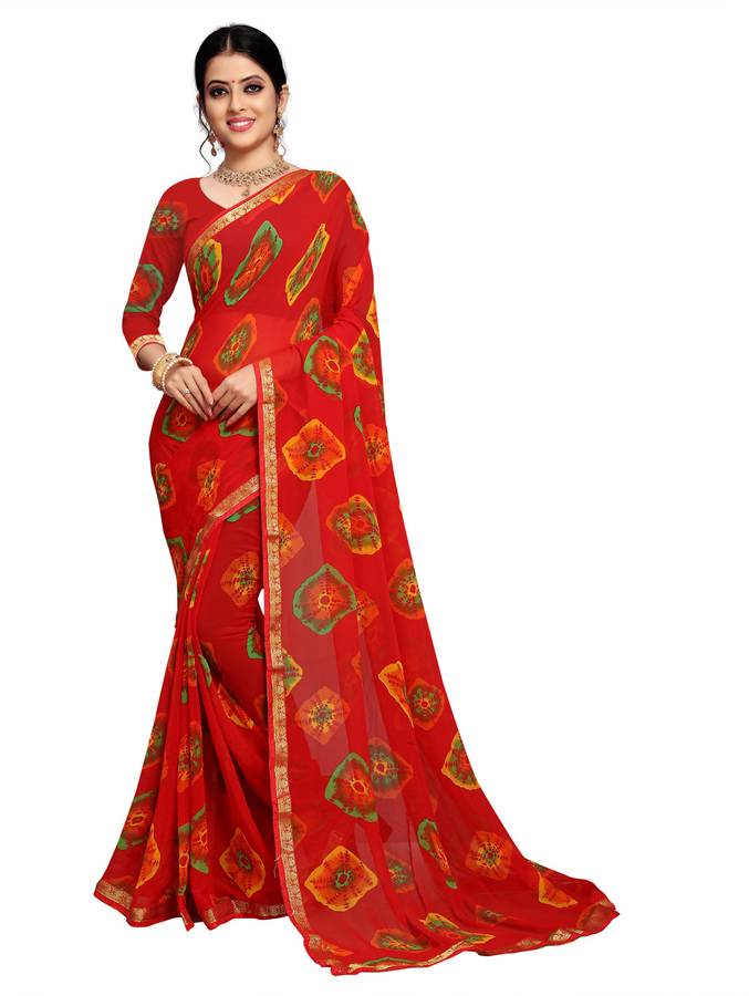 Printed, Self Design Bandhani Poly Georgette Saree