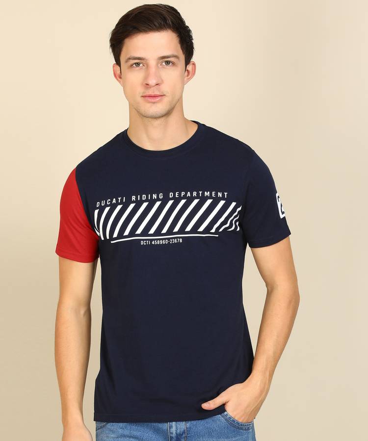 Printed Men Round Neck Dark Blue, White T-Shirt