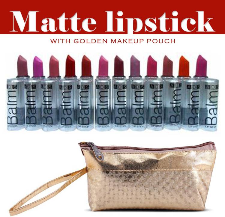ads Matte Lipstick Balm Mutlicolor Pack of 12 with Golden Makeup Pouch Price in India