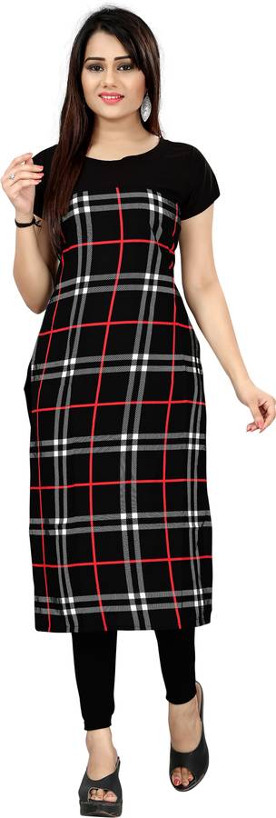 Women Checkered Poly Crepe Straight Kurta