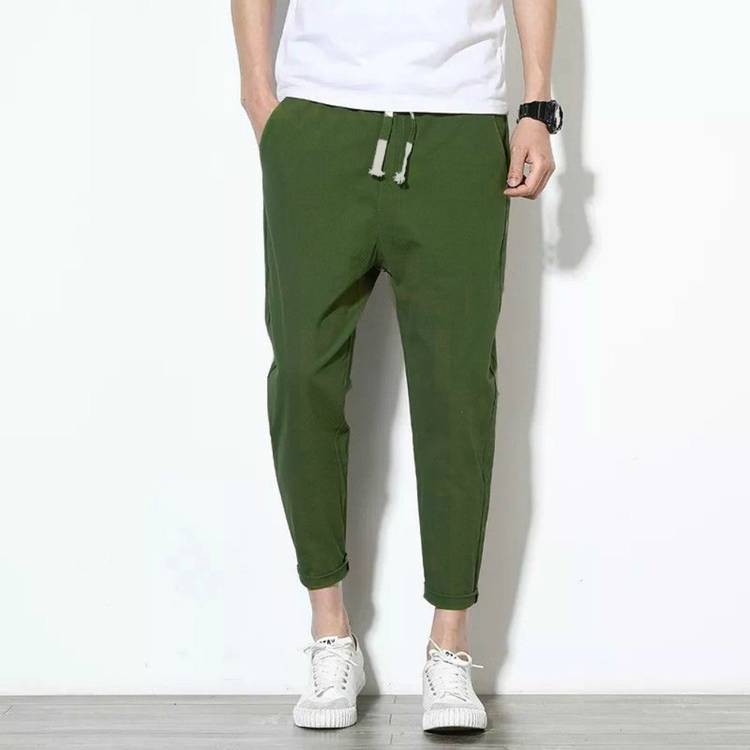 Tapered Men Dark Green Lycra Blend Trousers