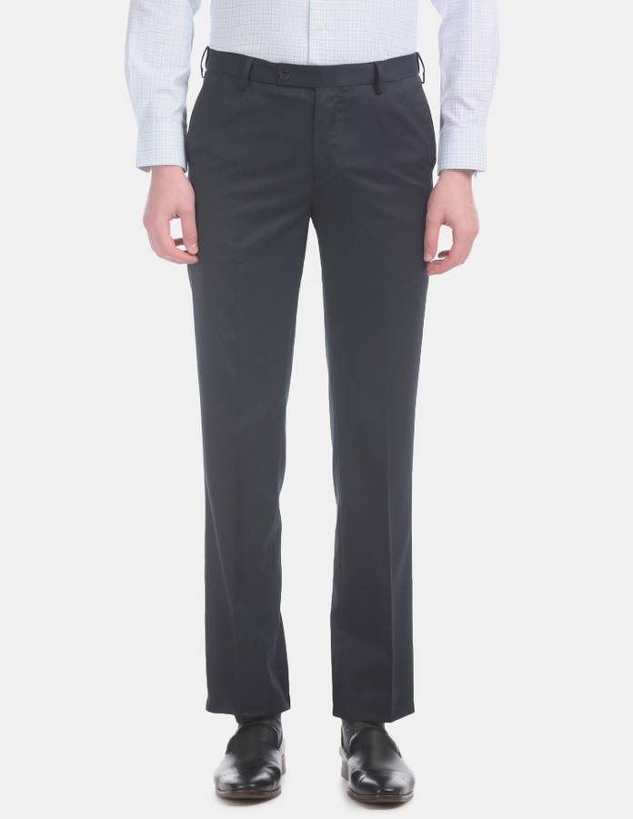 Tapered Men Dark Blue Polyester Viscose Blend Trousers