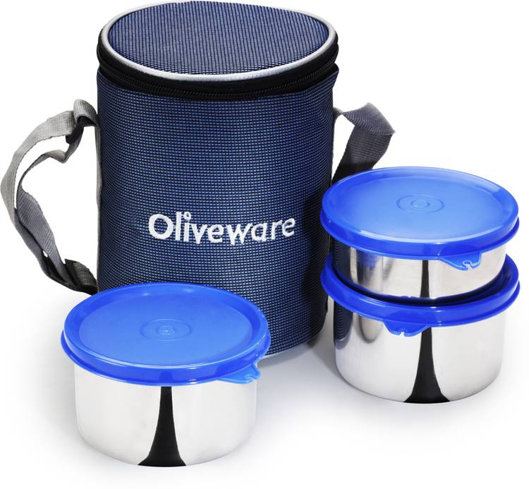 Oliveware Angelic Lunch Box | Stainless Steel Containers | Idle for Office Use | Insulated Fabric Bag | Leak Proof & Microwave Safe | Full Meal & Easy to Carry - Blue 3 Containers Lunch Box
