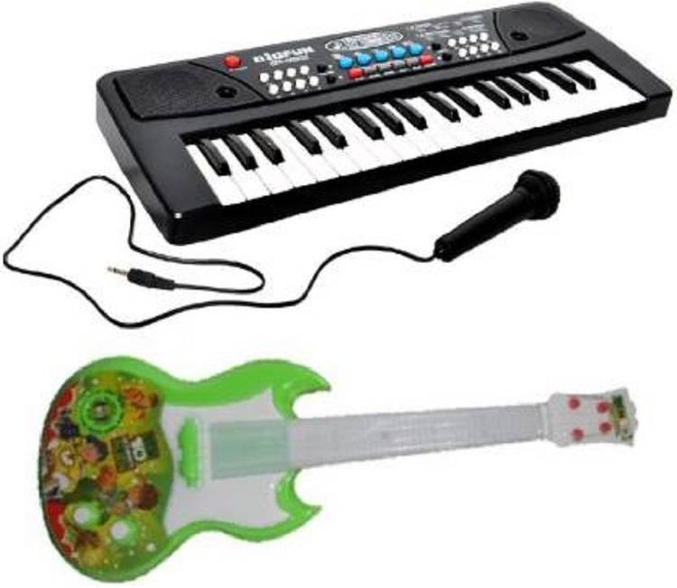 Kmc kidoz Combo of 37 Key Piano Keyboard Toy with Recording and Mic with Musical Guitar (green )With Light And Sound for kids (Multicolor)