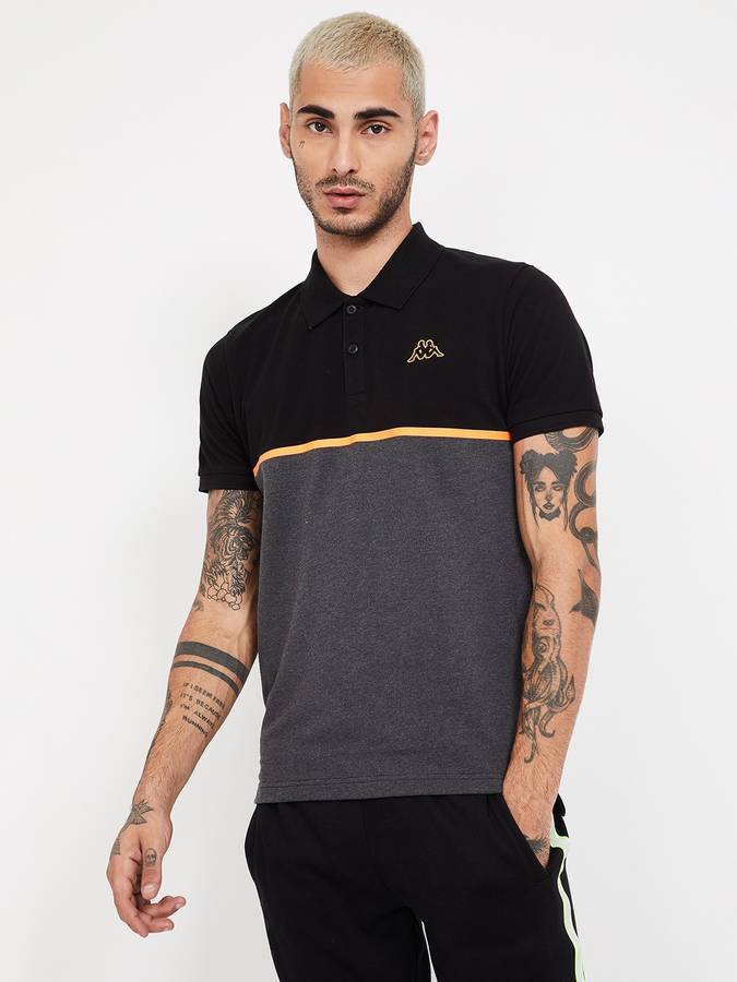 Color Block Men Polo Neck Black T-Shirt