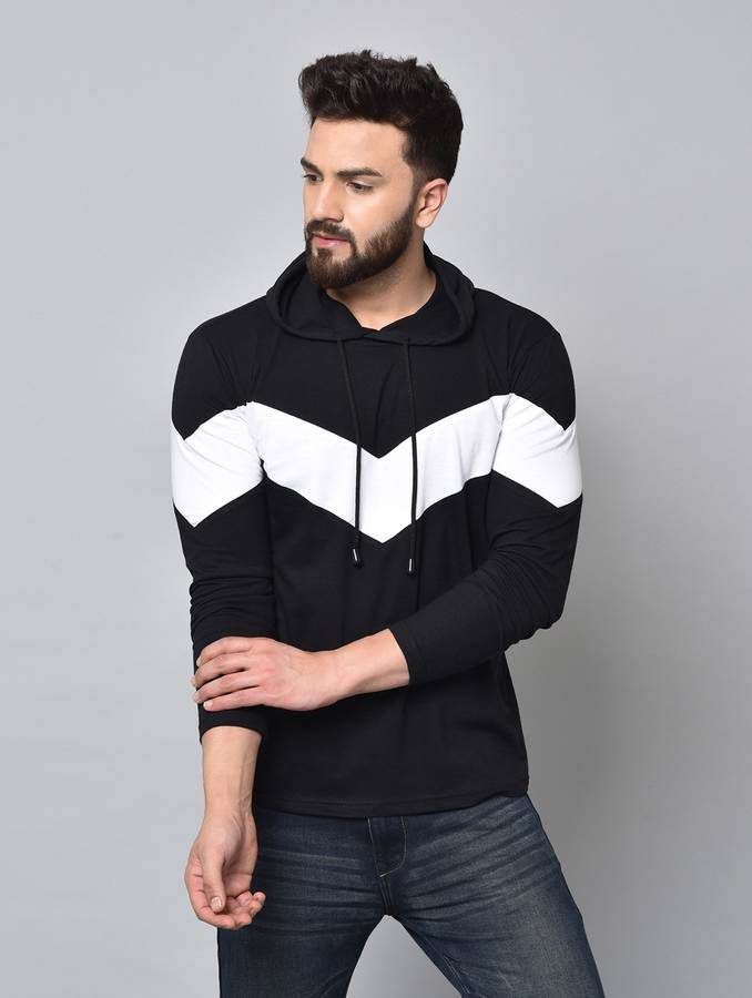 Color Block Men Hooded Neck White, Black T-Shirt