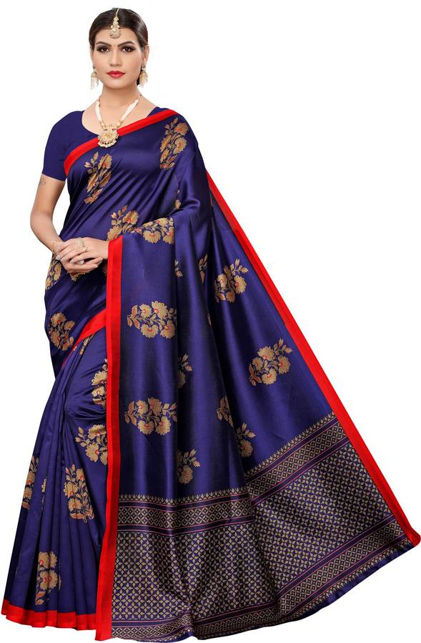 Printed, Geometric Print, Floral Print Kalamkari Poly Silk Saree