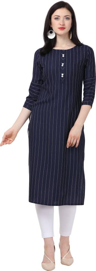 Women Striped Cotton Rayon Blend Straight Kurta