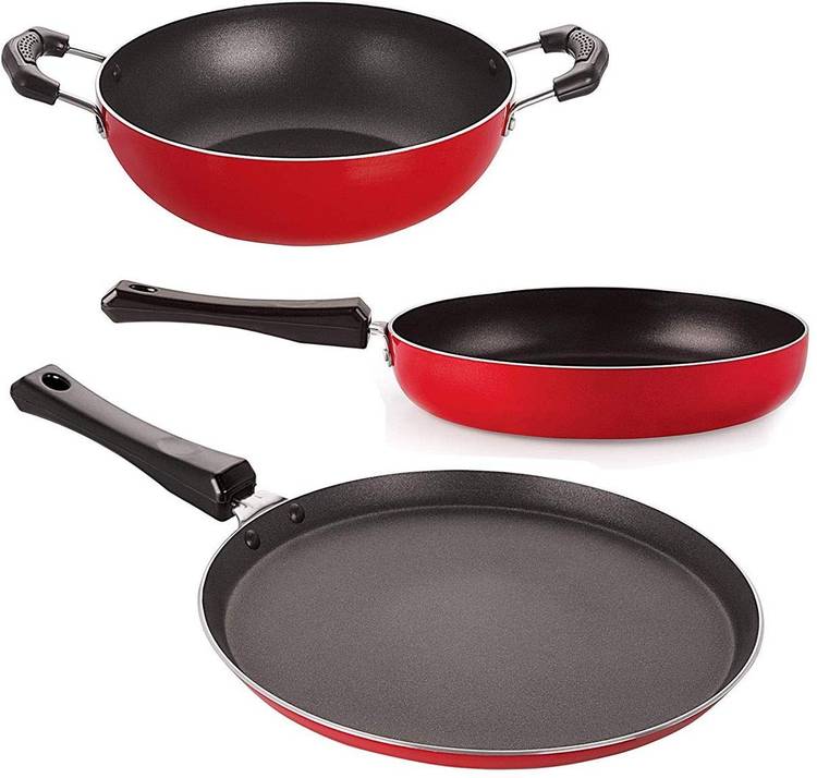 NIRLON Non-Stick Aluminium Mini Cookware Set (Tawa, Fry Pan, Kadhai), Red Cookware Set
