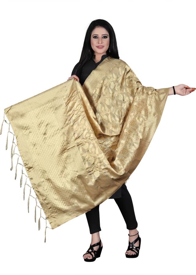 Pure Silk, Art Silk Self Design, Woven Gold, Beige Women Dupatta