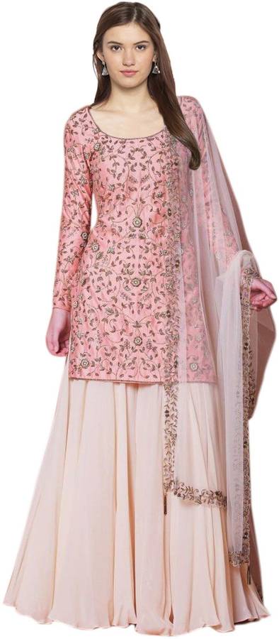 Net Embroidered, Solid Kurta & Palazzo Material