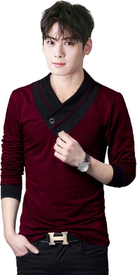 Solid Men V Neck Maroon T-Shirt