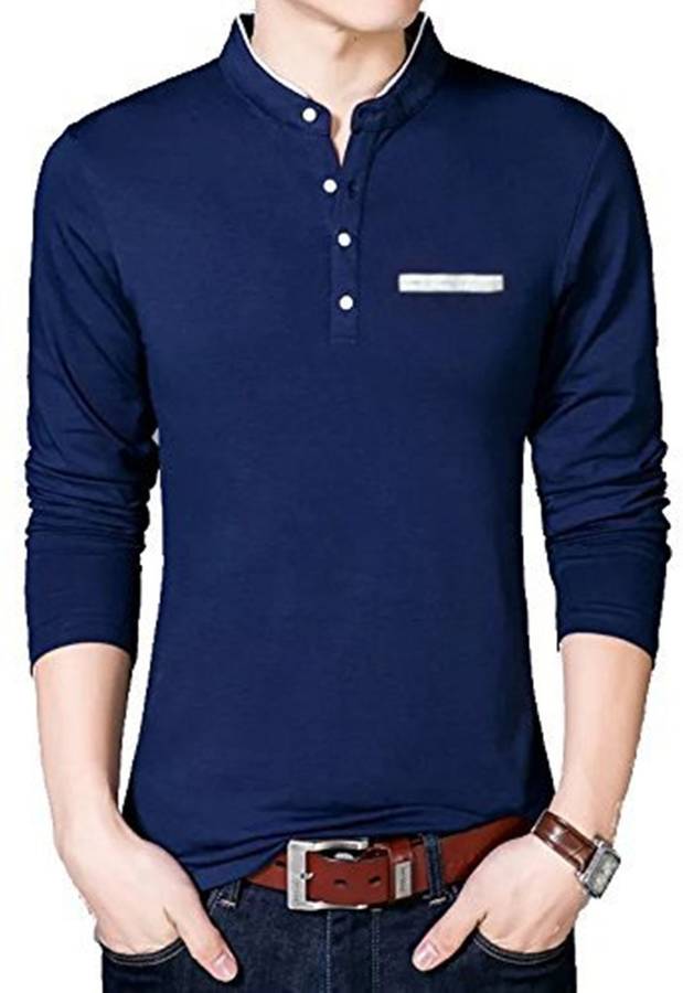 Solid Men Mandarin Collar White, Blue T-Shirt