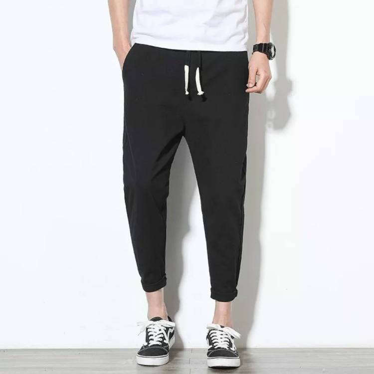 Tapered Men Black Lycra Blend Trousers