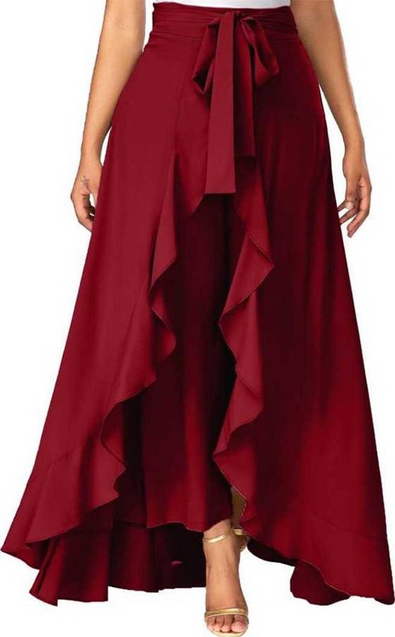 Flared Women Maroon Crepe Chiffon Trousers
