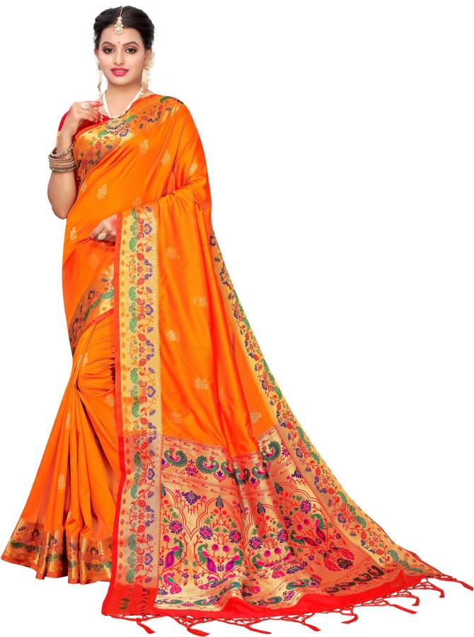 Woven, Embellished Paithani Silk Blend, Jacquard Saree Price in India