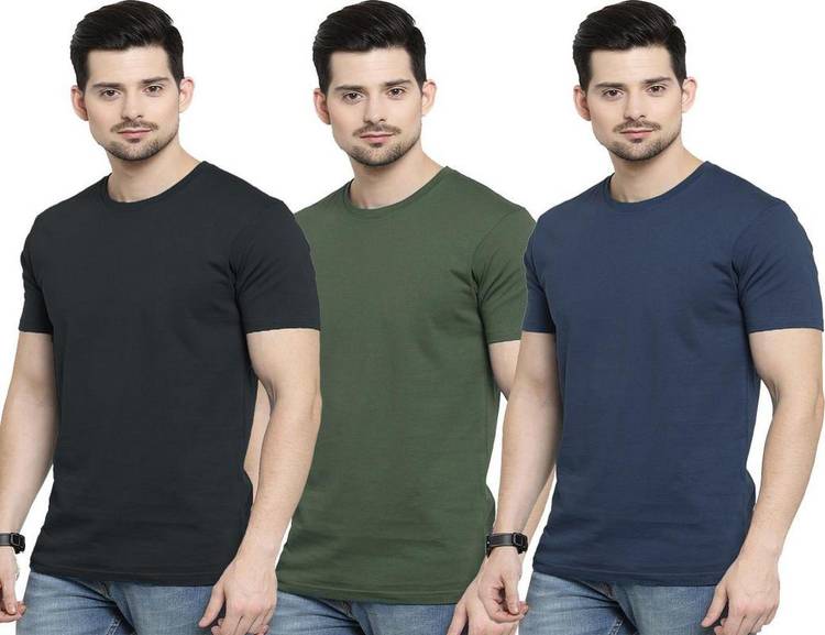 Solid Men Round Neck Dark Blue, Dark Green, Black T-Shirt