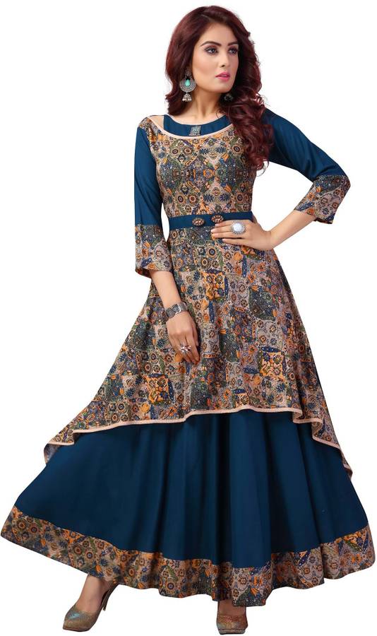 Women Ethnic Dress Blue, Brown Dress