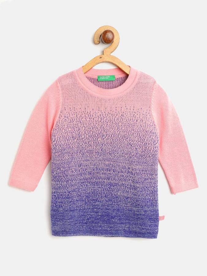 Self Design Round Neck Casual Girls Pink Sweater