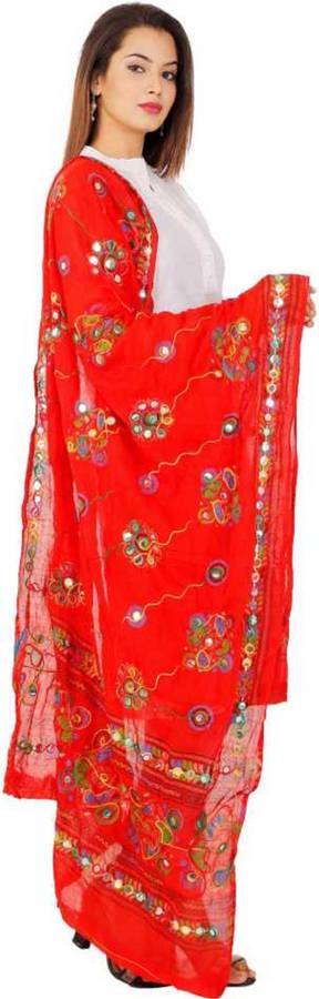 Cotton Rayon Blend Embroidered Red Women Dupatta