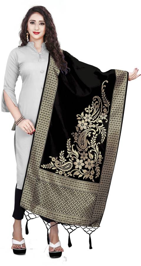 Art Silk, Jacquard Woven Gold, Black Women Dupatta