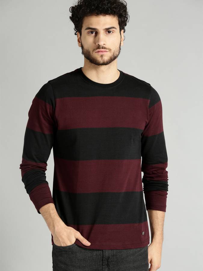 Striped Men Round Neck Maroon T-Shirt Price in India