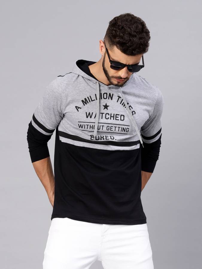 Printed Men Hooded Neck Black, Grey T-Shirt Price in India