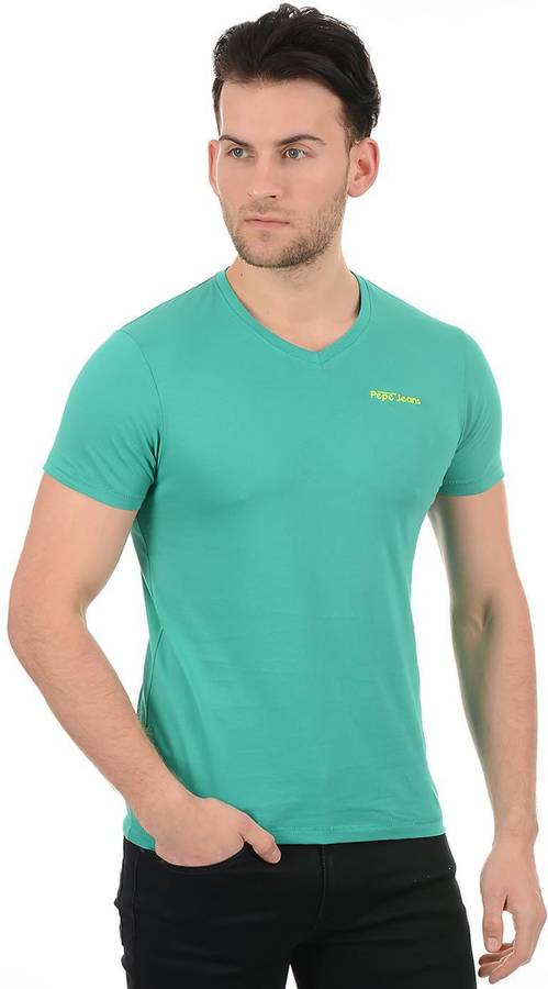 Solid Men V Neck Green T-Shirt