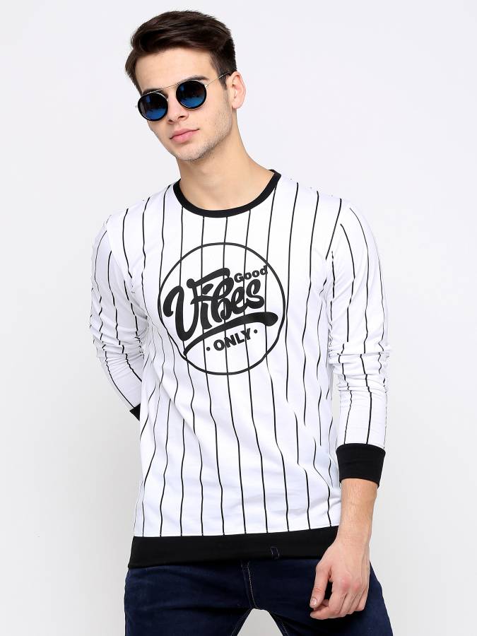 Printed, Striped Men Round Neck White, Black T-Shirt