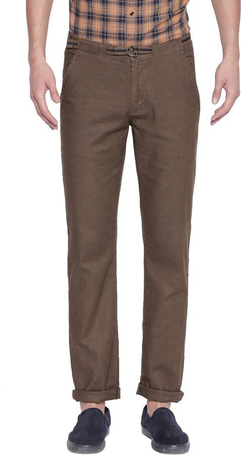Slim Fit Men Brown Linen Blend Trousers