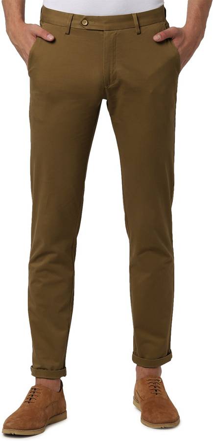 Slim Fit Men Beige Pure Cotton Trousers