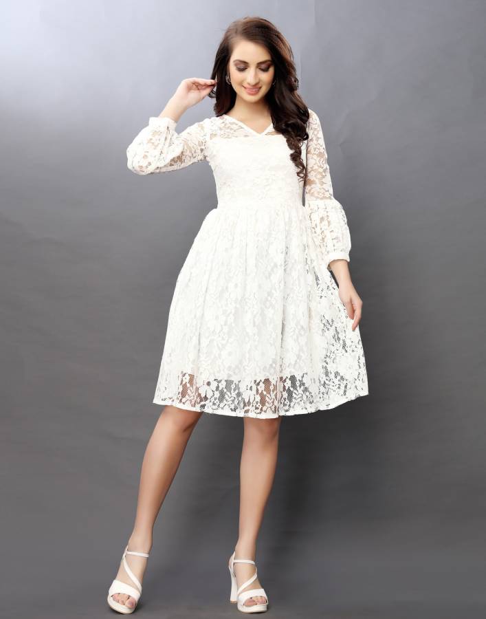 Women Fit and Flare White Dress Price in India