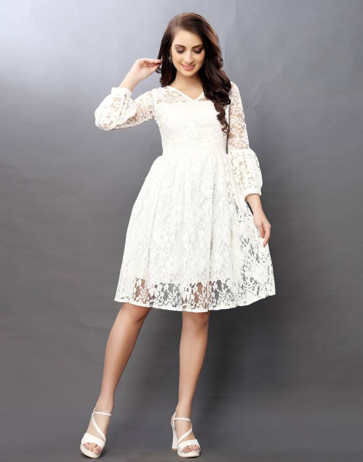 Women Balloon/Bubble White Dress Price in India