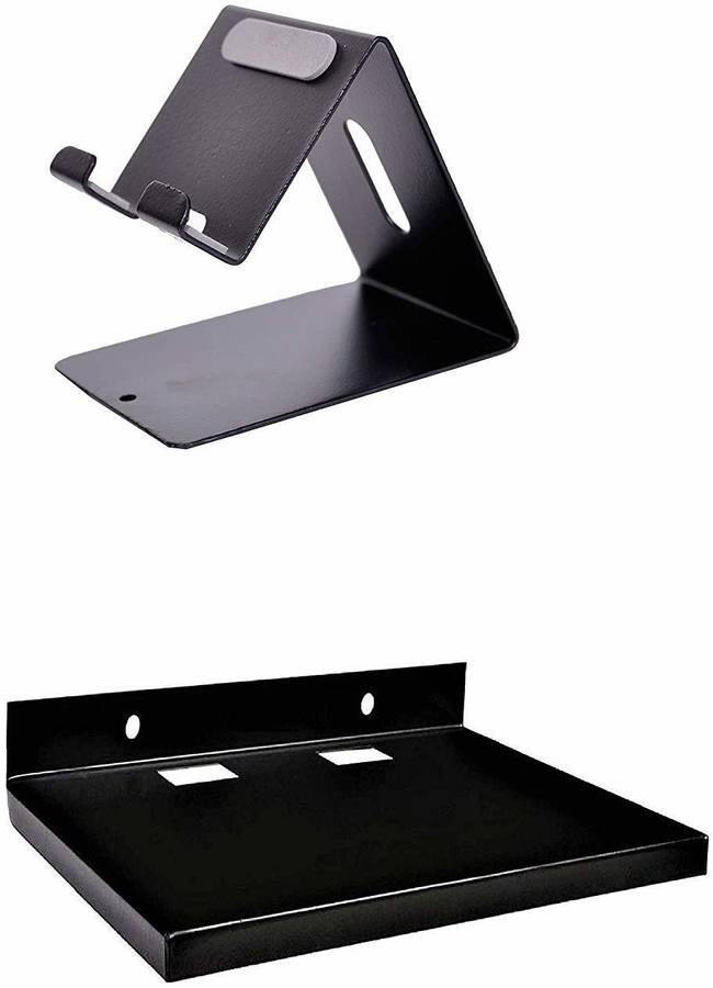 ABKKO Combo Offer_ Cell Phone Stand Holder for Mobile and Tablet (Up to 10.1 Inch) with Set Top Box Stand Wall Mount Shelf, Fi Router Shelf, Speakers Wall Stand_Black Mobile Holder