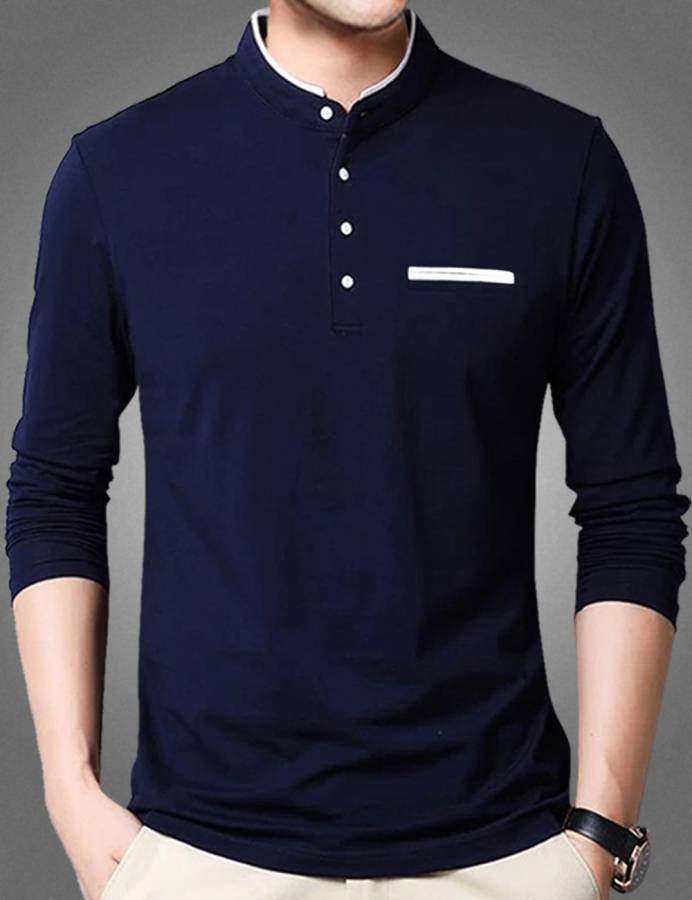 Solid Men Mandarin Collar Dark Blue T-Shirt Price in India
