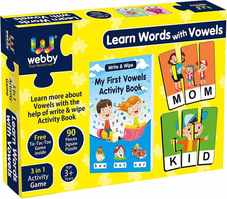 Webby Learn Words with Vowels Jigsaw Puzzle with Activity Book, 90 Pcs