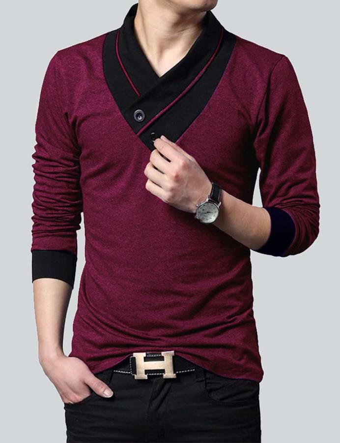 Solid Men Shawl Neck Reversible Red T-Shirt Price in India