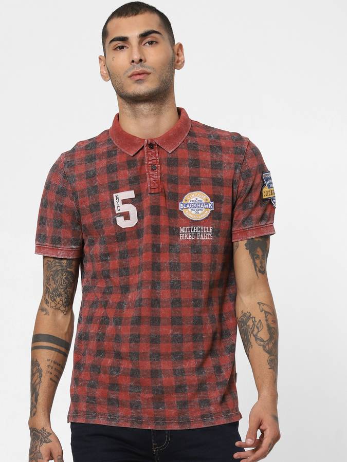 Geometric Print Men Polo Neck Red T-Shirt