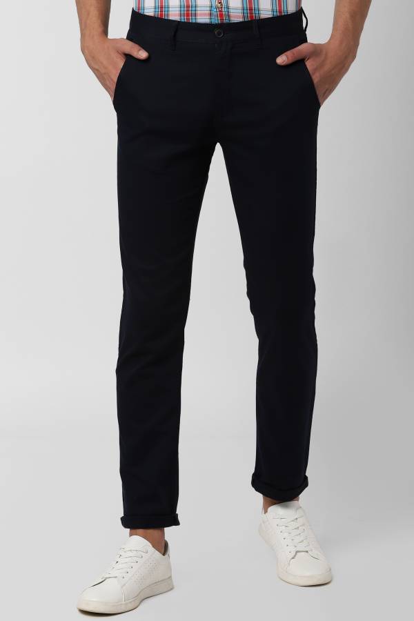 Slim Fit Men Dark Blue Cotton Blend Trousers