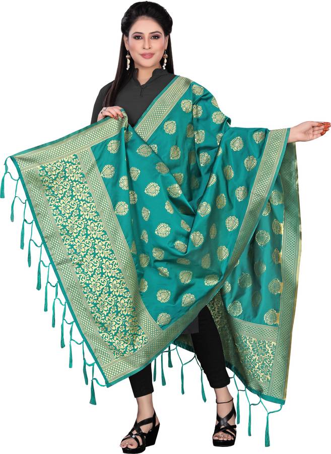 Cotton Blend, Art Silk Woven Dark Green Women Dupatta