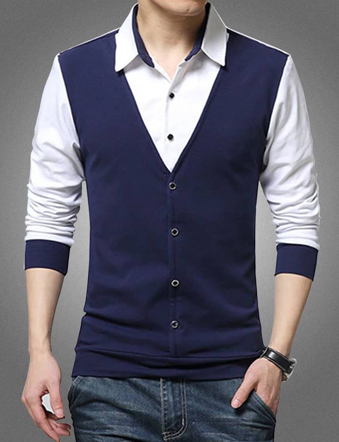 Solid Men Polo Neck Dark Blue, White T-Shirt